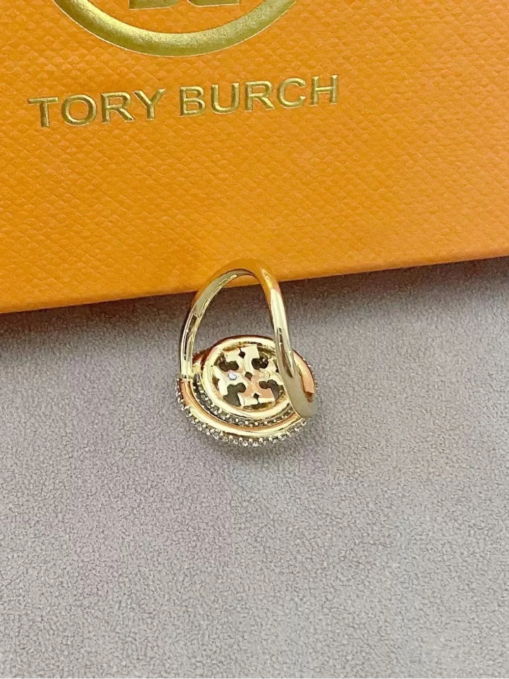 Tory Burch Gold Crystal Emblem Spiral Ring Size8